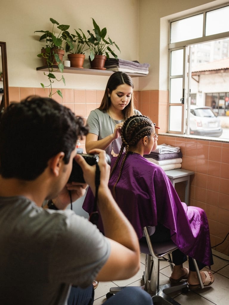 An agency photographer crouches to photograph a hairdresser finishing a client's braids in a neighbourhood salon.