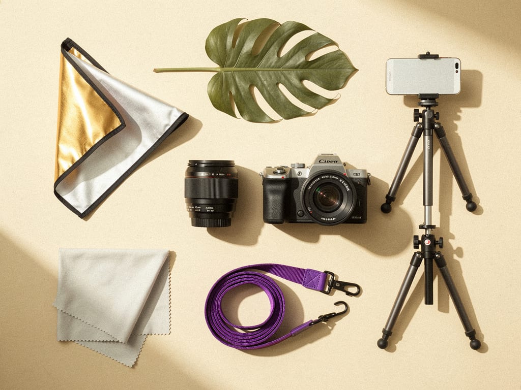 The agency's field kit laid out like a specimen plate: camera, lens, purple strap, small reflector and a phone tripod.