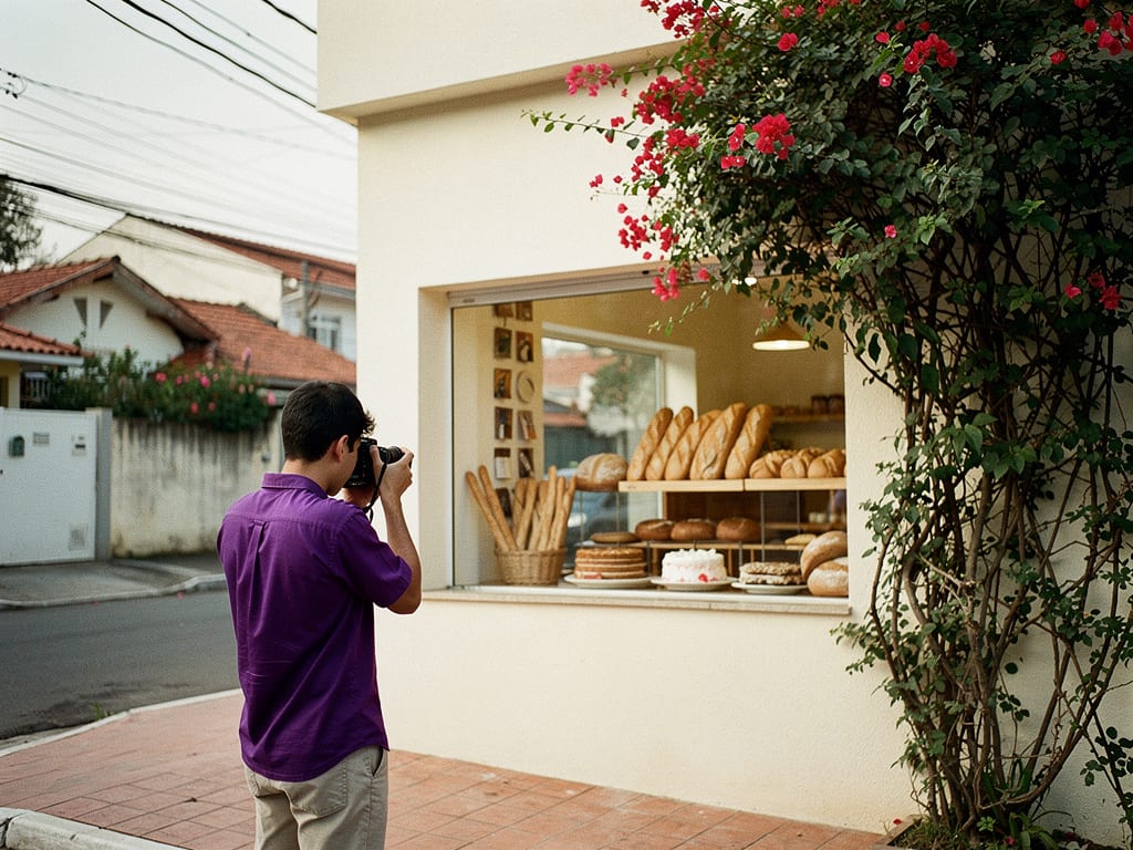 A small corner bakery in a quiet Jardim Germânia street in morning light, an agency member photographing its window display.