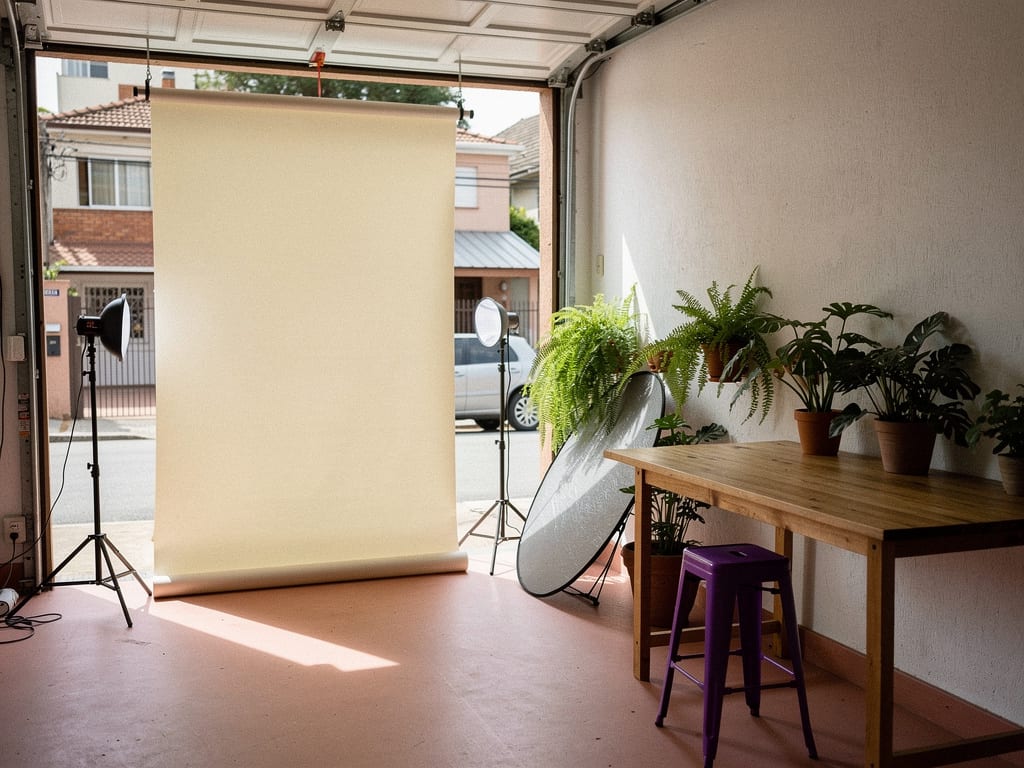 The agency's small studio in a converted house garage in Jardim Germânia, with a product table, cream backdrop and potted plants.