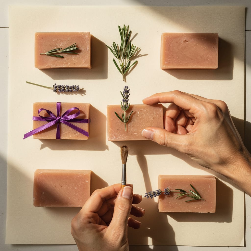 Hands arranging a local client's handmade soaps and sprigs of rosemary on cream paper for a product photo.