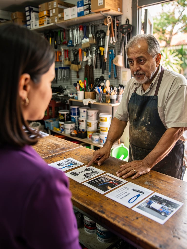 A shop owner and an agency member look over printed photos of his products on the shop counter.